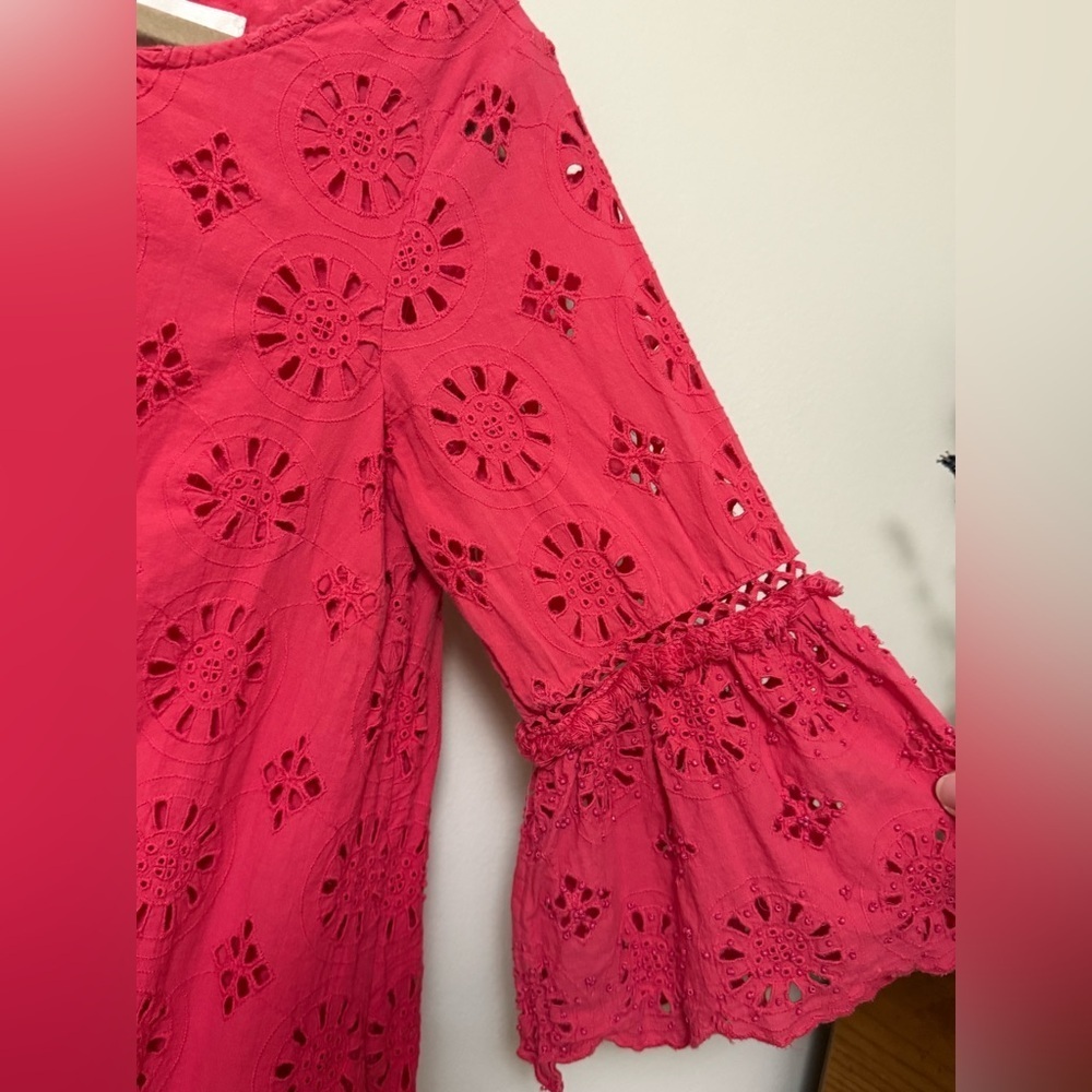 Anthropologie Eyelet Ruffle Dress with beaded sleeve and pockets - Picture 4 of 13
